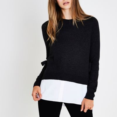 Dunkelgrauer Strickpullover mit seitlicher Schnürung im Lagen-Look