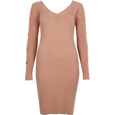 River Island Lichtroze geribbelde gebreide bodyconjurk met lange mouwen