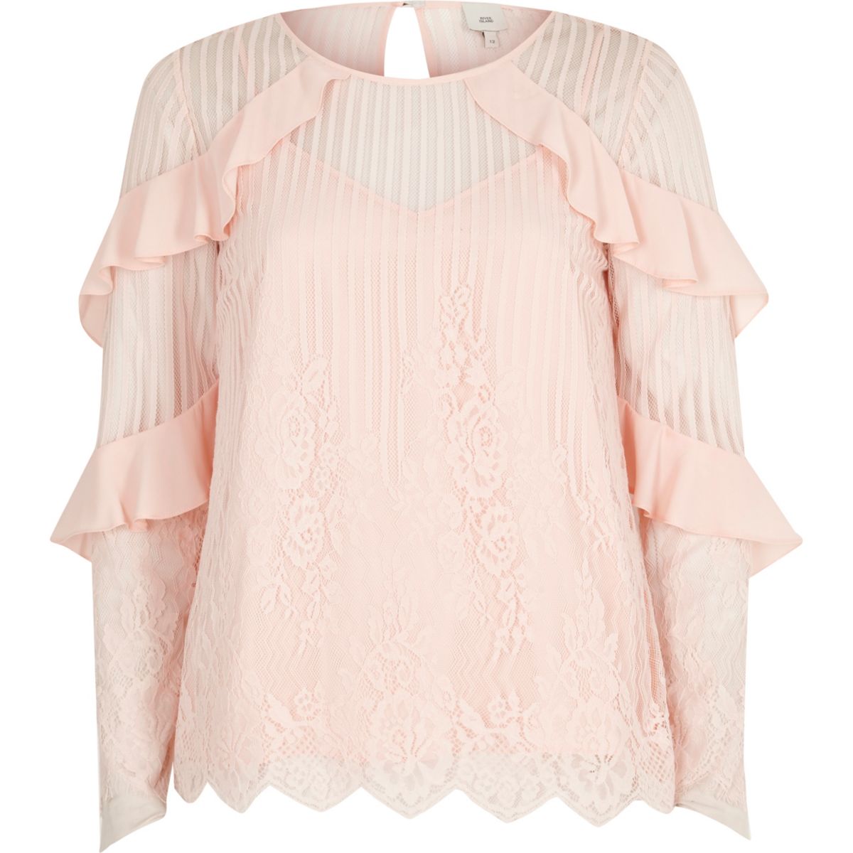 Light pink lace mesh long sleeve top - Blouses - Tops - women