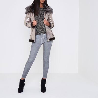 Silver cracked coated metallic aviator jacket