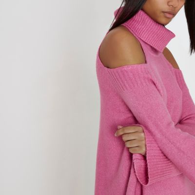 Pink cold shoulder roll neck longline jumper