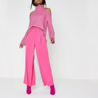 Pink cold shoulder roll neck longline jumper