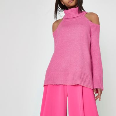 Pink cold shoulder roll neck longline jumper