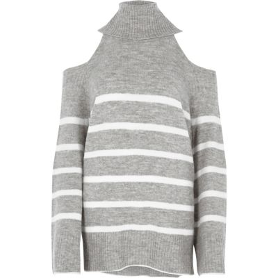 Grauer, gestreifter Rollkragenpullover mit Schulterausschnitten