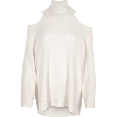 Cream cold shoulder roll neck jumper