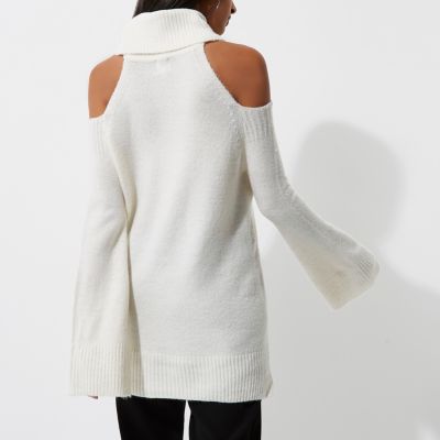 Cream cold shoulder roll neck jumper