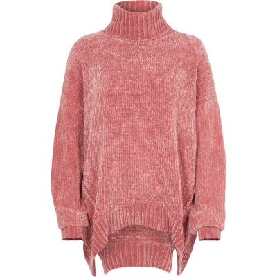 Pull oversize en maille chenille rose à col roulé