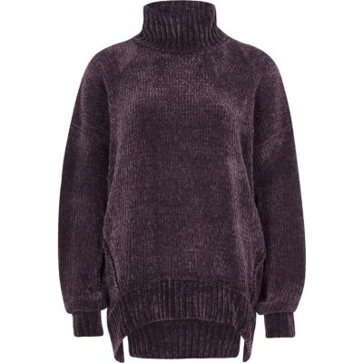 Lila Oversized-Rollkragenpullover aus Chenille