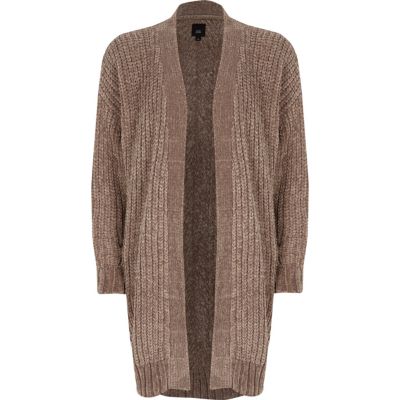 Cardigan long en maille chenille marron clair