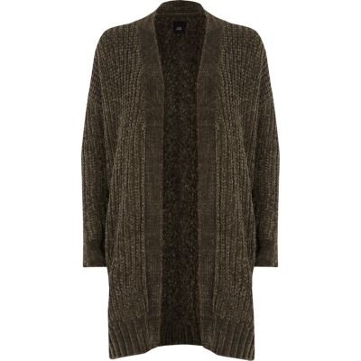 Lange Chenille-Strickjacke in Khaki