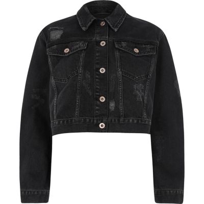 Black distressed cropped denim jacket - Coats & Jackets - Sale - women