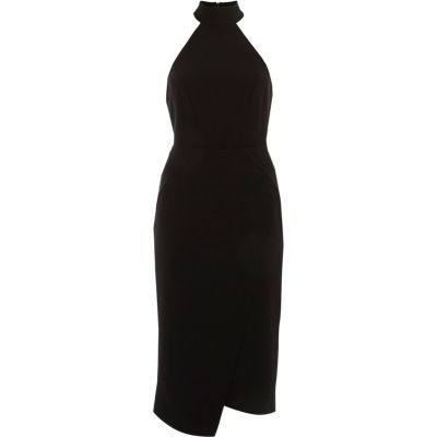 Schwarzes, hochgeschlossenes Bodycon-Midikleid