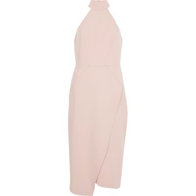 River Island Roze hoogsluitende midi-bodyconjurk met overslag