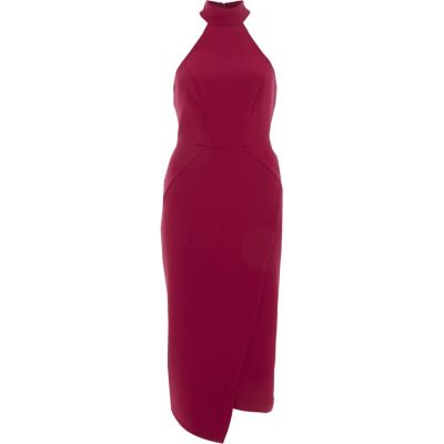 Dunkelrotes, hochgeschlossenes Bodycon-Midikleid