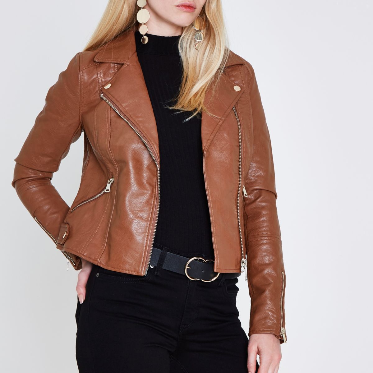 Tan faux leather biker jacket - Coats & Jackets - Sale - women