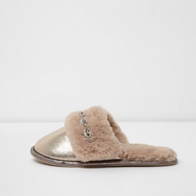 Light brown metallic fluffy mule slippers