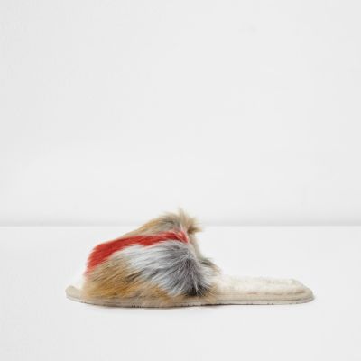 Chaussons en fourrure beige multicolore