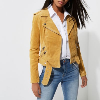 Light yellow belted suede biker jacket