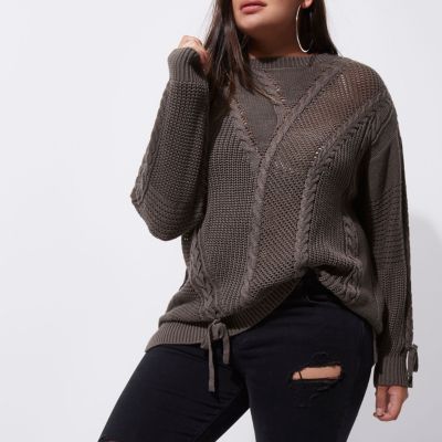 Plus – Pull en maille ajourée kaki à liens