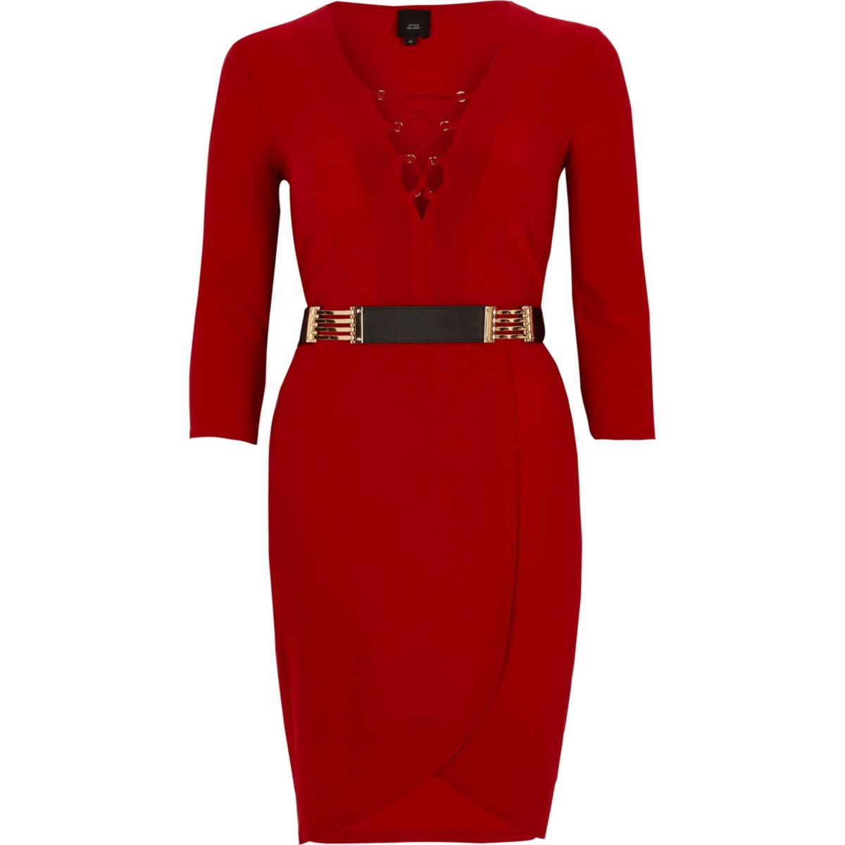 Red lace up front belted  bodycon dress  Dresses  Sale 