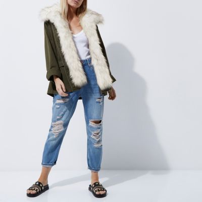 Petite khaki faux fur trim army jacket