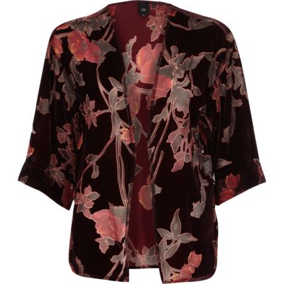 Red floral burnout print velvet kimono