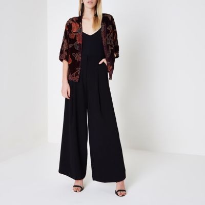 Red floral burnout print velvet kimono
