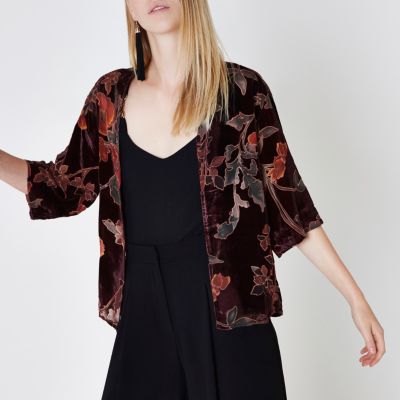 Red floral burnout print velvet kimono