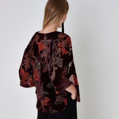 Red floral burnout print velvet kimono