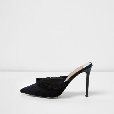 Black suede frill court style mules