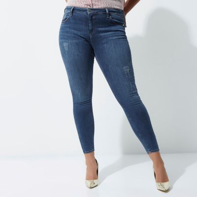 Plus – Dunkelblaue Superskinny Jeans im Used-Look