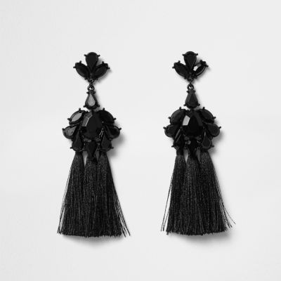 Black jewel embellished tassel drop earrings