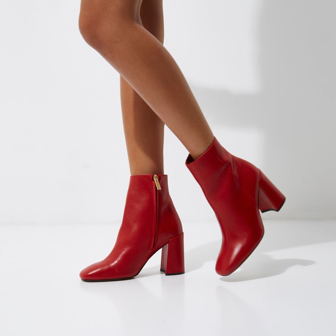 Red leather block heel ankle boots
