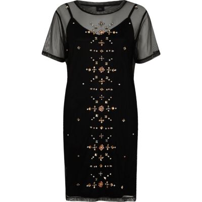 River Island Zwarte T-shirtjurk met mesh en studs