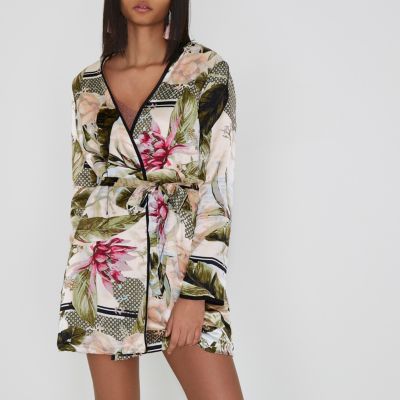 Peignoir imprimé tropical crème doublé imitation mouton avec ceinture