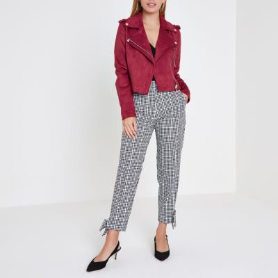 Petite bugundy faux suede biker jacket