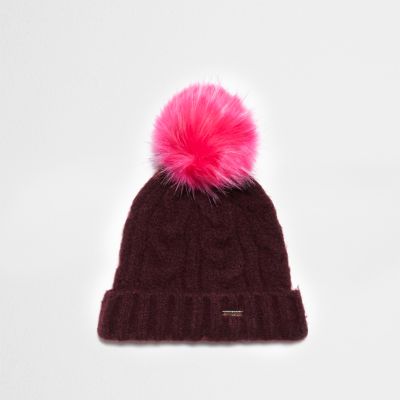 Burgundy cable knit pom pom beanie hat