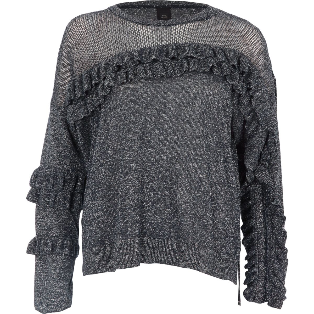 Dark silver lurex knit frill front jumper Knitwear Sale women