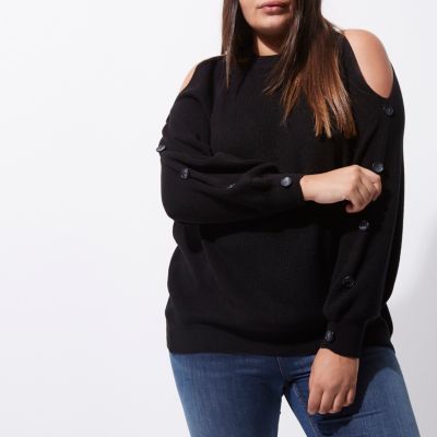 Plus – Schwarzer Pullover mit Schulterausschnitten