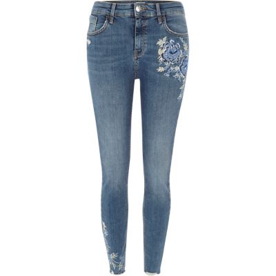 Jean brodé super skinny Amelie bleu