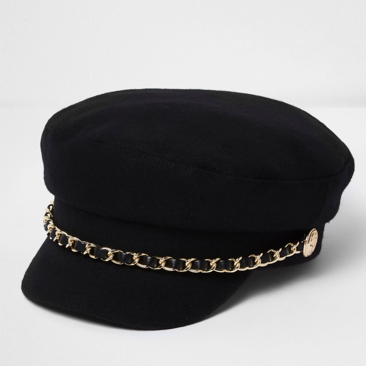 Black chain trim baker boy hat Hats Accessories women