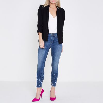 Petite – Molly – Blaue Skinny Jeggings mit Perlenbesatz