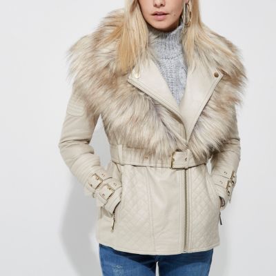 Petite cream faux fur collar biker jacket