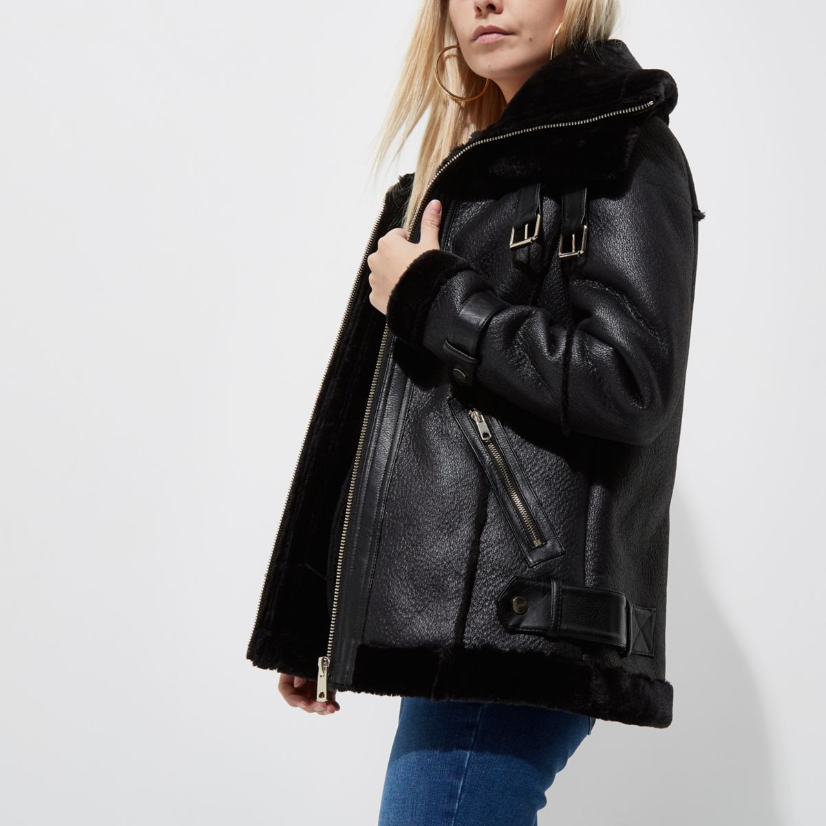 Petite black faux leather aviator jacket - Jackets - Coats ...