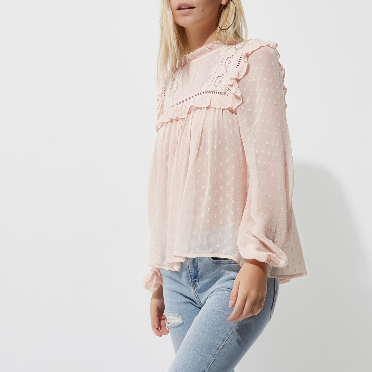 Petite light pink dobby mesh embroidered top - Tops - Sale - women