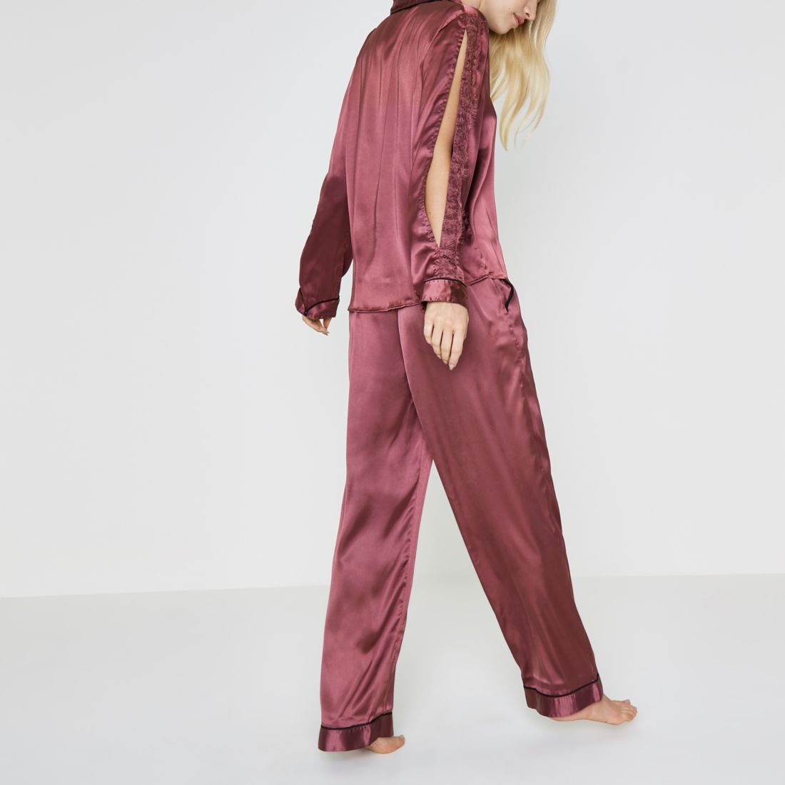 Dark red satin lace trim pyjama gift set