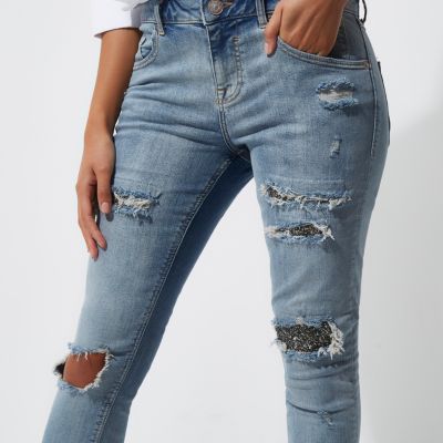 Blue Alannah glitter rip relaxed skinny jeans