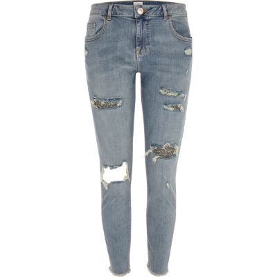 Alannah – Jean skinny décontracté bleu déchiré à paillettes
