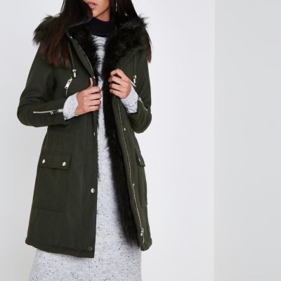 Khaki faux fur trim smart parka