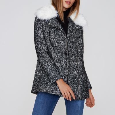Black tweed faux fur collar biker coat